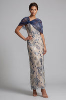 Laden Sie das Bild in den Galerie-Viewer, Marineblauer Blumen-Bodycon Pailletten Lange Mutter der Braut Kleid mit Umhang