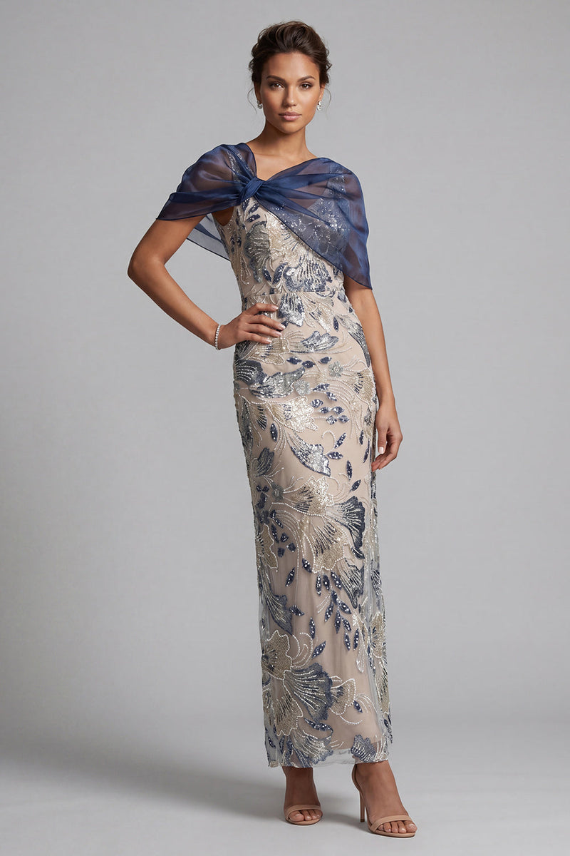 Laden Sie das Bild in den Galerie-Viewer, Marineblauer Blumen-Bodycon Pailletten Lange Mutter der Braut Kleid mit Umhang