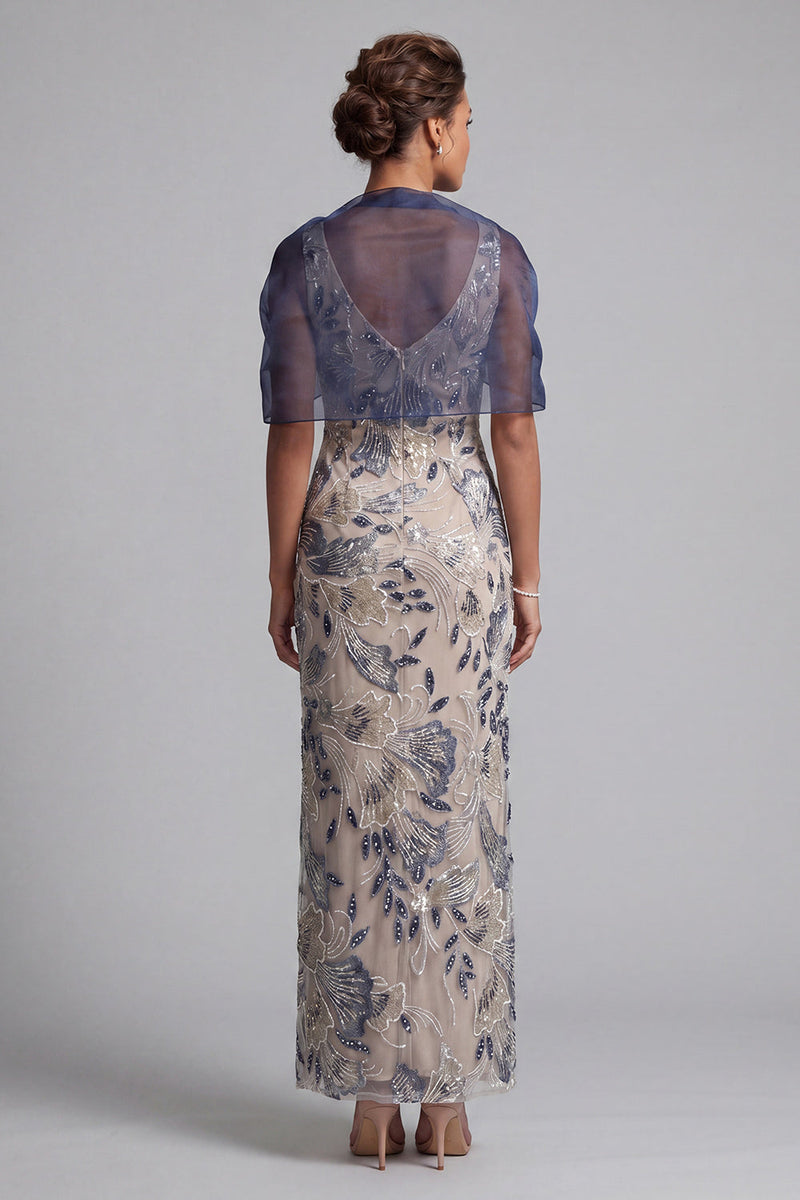 Laden Sie das Bild in den Galerie-Viewer, Marineblauer Blumen-Bodycon Pailletten Lange Mutter der Braut Kleid mit Umhang