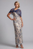 Laden Sie das Bild in den Galerie-Viewer, Marineblauer Blumen-Bodycon Pailletten Lange Mutter der Braut Kleid mit Umhang