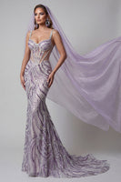 Laden Sie das Bild in den Galerie-Viewer, Fliederfarbenes transparentes Korsett Meerjungfrauen-Pailletten Langes Pageant-Kleid mit Schleiern