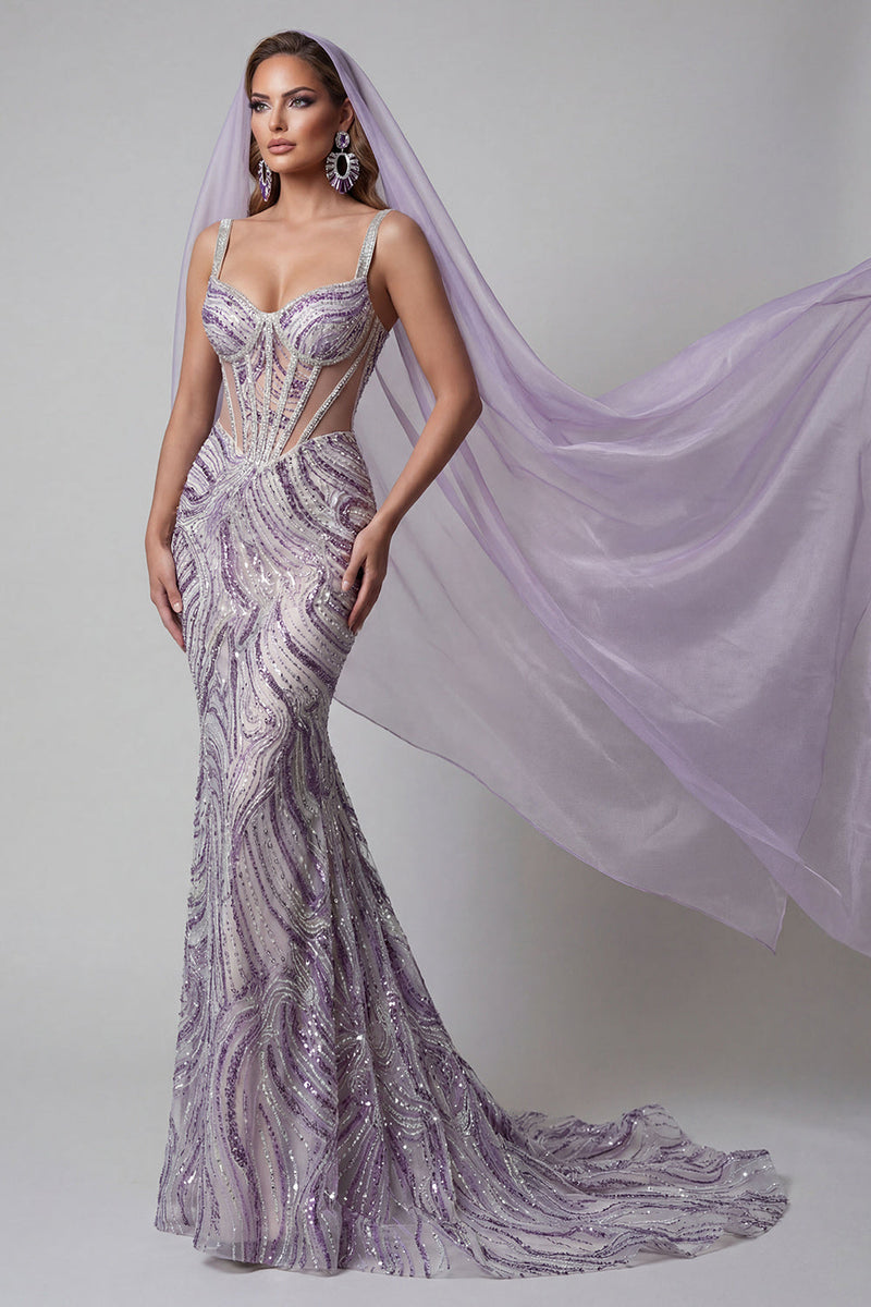 Laden Sie das Bild in den Galerie-Viewer, Fliederfarbenes transparentes Korsett Meerjungfrauen-Pailletten Langes Pageant-Kleid mit Schleiern