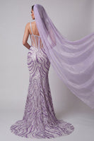 Laden Sie das Bild in den Galerie-Viewer, Fliederfarbenes transparentes Korsett Meerjungfrauen-Pailletten Langes Pageant-Kleid mit Schleiern