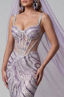 Laden Sie das Bild in den Galerie-Viewer, Fliederfarbenes transparentes Korsett Meerjungfrauen-Pailletten Langes Pageant-Kleid mit Schleiern