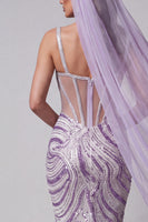 Laden Sie das Bild in den Galerie-Viewer, Fliederfarbenes transparentes Korsett Meerjungfrauen-Pailletten Langes Pageant-Kleid mit Schleiern