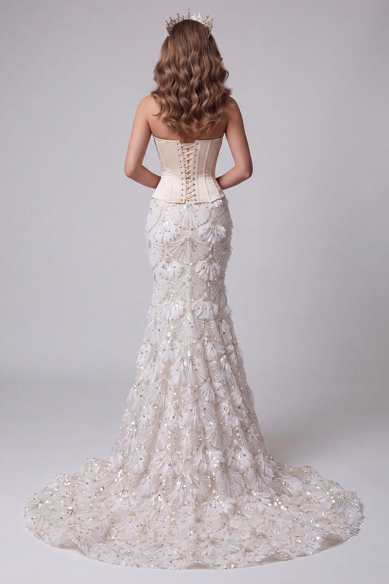 Laden Sie das Bild in den Galerie-Viewer, Elfenbeinfarbenes, trägerloses Meerjungfrauen-Korsett, Pailletten, langes Pageant-Kleid mit Schnürung hinten