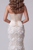 Laden Sie das Bild in den Galerie-Viewer, Elfenbeinfarbenes, trägerloses Meerjungfrauen-Korsett, Pailletten, langes Pageant-Kleid mit Schnürung hinten