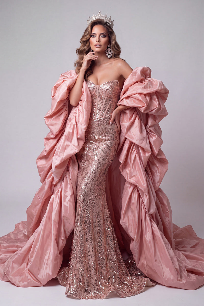 Laden Sie das Bild in den Galerie-Viewer, Sweetheart Pink Meerjungfrau-Korsett Pailletten Langes Pageant-Kleid mit Rüschen-Schleppe