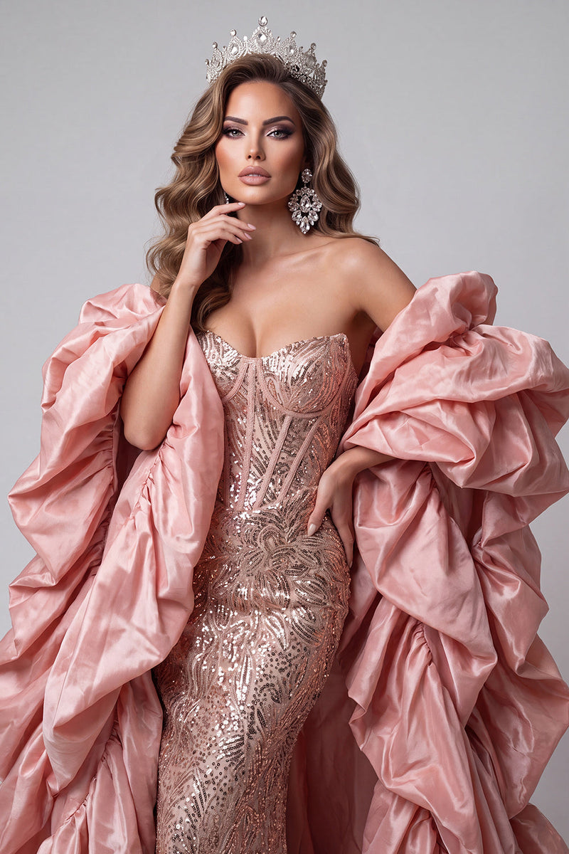 Laden Sie das Bild in den Galerie-Viewer, Sweetheart Pink Meerjungfrau-Korsett Pailletten Langes Pageant-Kleid mit Rüschen-Schleppe