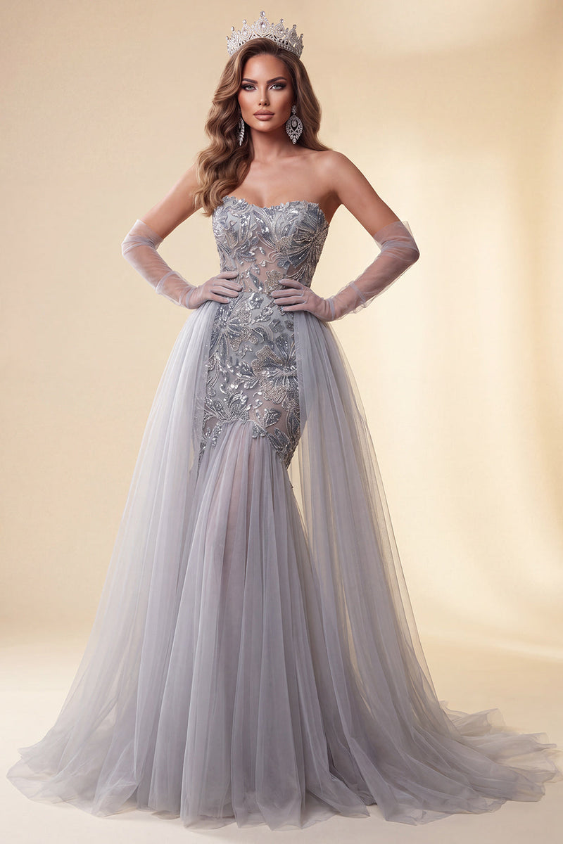 Laden Sie das Bild in den Galerie-Viewer, Sweetheart Dusty Blue Sequins Meerjungfrauen-Langes Pageant-Kleid mit Schleppe