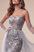 Laden Sie das Bild in den Galerie-Viewer, Sweetheart Dusty Blue Sequins Meerjungfrauen-Langes Pageant-Kleid mit Schleppe