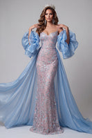 Laden Sie das Bild in den Galerie-Viewer, Blaue und rosa Meerjungfrauen-Pailletten, Spaghettiträger, langes Pageant-Kleid, Rüschen, Schleppe