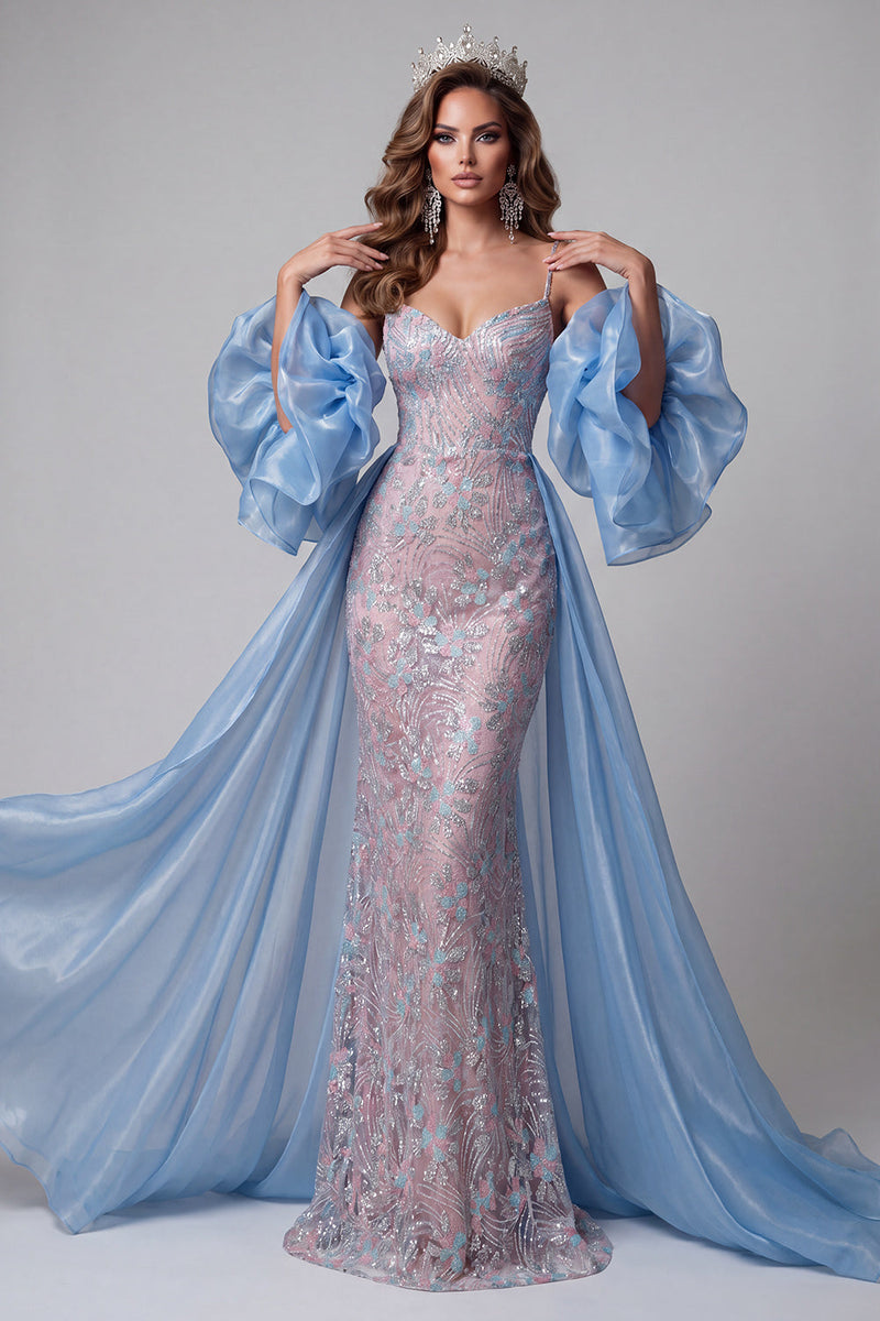 Laden Sie das Bild in den Galerie-Viewer, Blaue und rosa Meerjungfrauen-Pailletten, Spaghettiträger, langes Pageant-Kleid, Rüschen, Schleppe