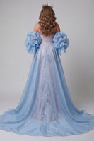 Laden Sie das Bild in den Galerie-Viewer, Blaue und rosa Meerjungfrauen-Pailletten, Spaghettiträger, langes Pageant-Kleid, Rüschen, Schleppe