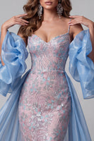 Laden Sie das Bild in den Galerie-Viewer, Blaue und rosa Meerjungfrauen-Pailletten, Spaghettiträger, langes Pageant-Kleid, Rüschen, Schleppe
