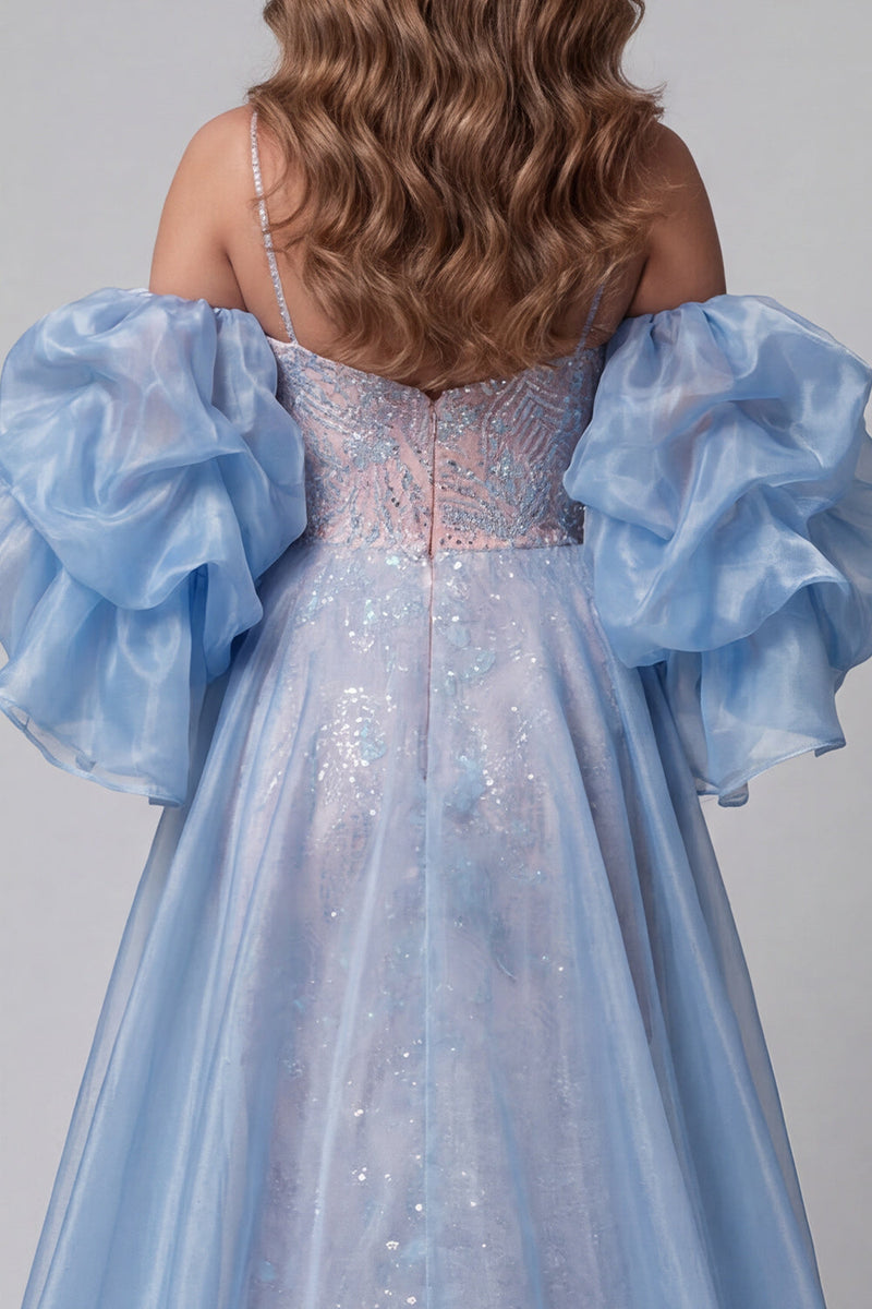 Laden Sie das Bild in den Galerie-Viewer, Blaue und rosa Meerjungfrauen-Pailletten, Spaghettiträger, langes Pageant-Kleid, Rüschen, Schleppe