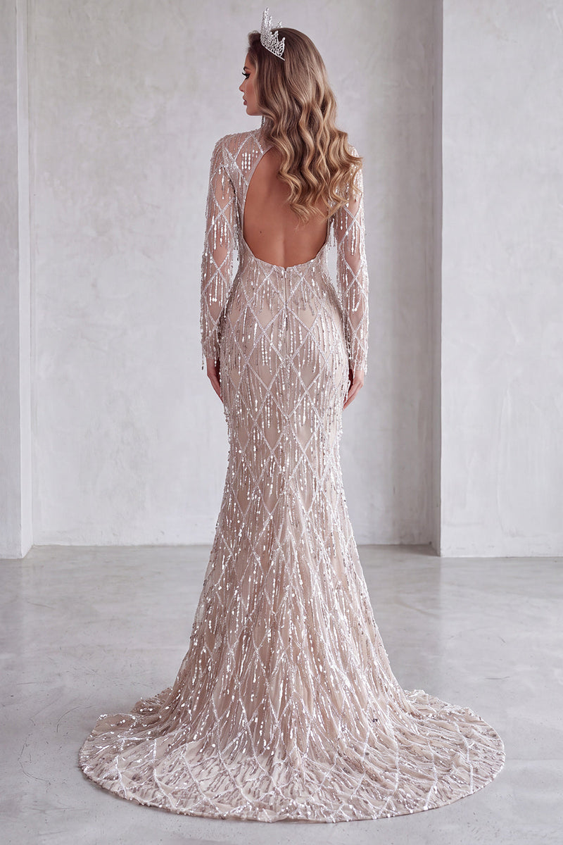 Laden Sie das Bild in den Galerie-Viewer, Meerjungfrauen-Champagner-Pailletten-Fransen-Lange-Pageant-Kleid mit Schlitz