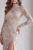 Laden Sie das Bild in den Galerie-Viewer, Meerjungfrauen-Champagner-Pailletten-Fransen-Lange-Pageant-Kleid mit Schlitz