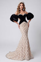 Laden Sie das Bild in den Galerie-Viewer, Schwarzes Meerjungfrau-Sweetheart-Pailletten-Blumenkleid mit langen Ausschnitten und Puffärmeln