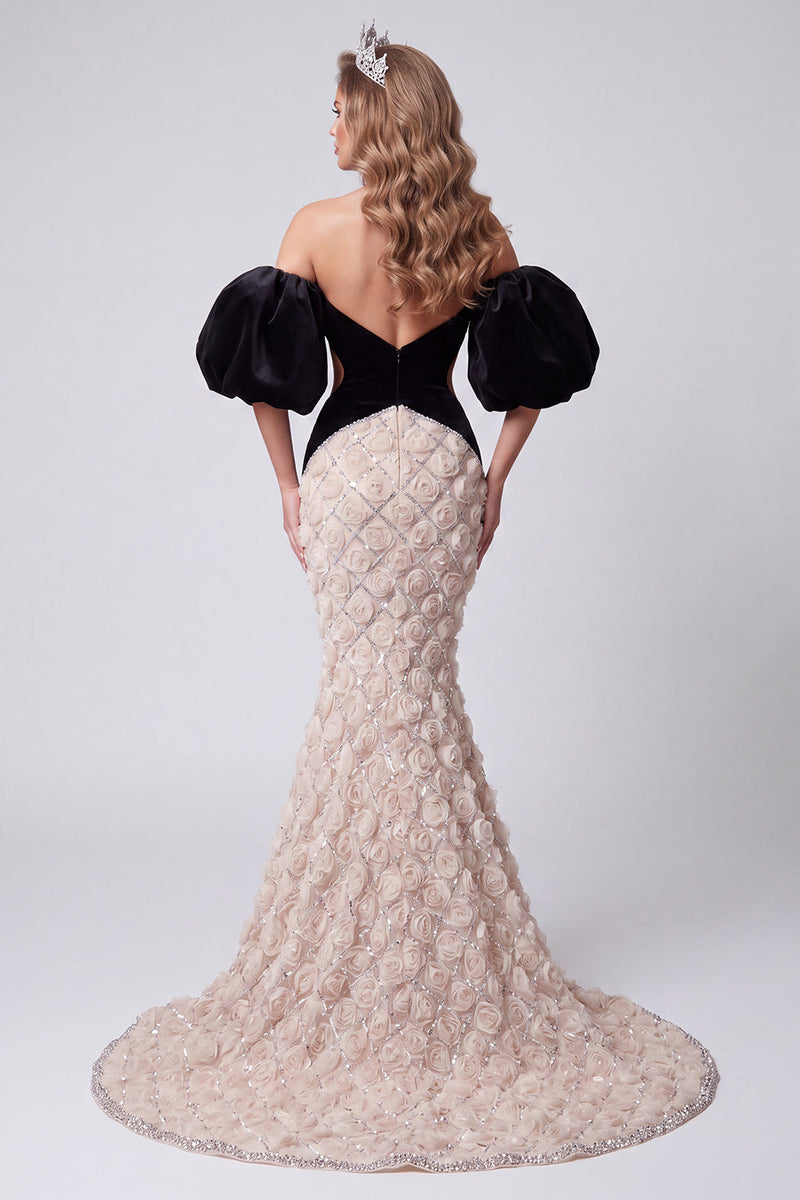 Laden Sie das Bild in den Galerie-Viewer, Schwarzes Meerjungfrau-Sweetheart-Pailletten-Blumenkleid mit langen Ausschnitten und Puffärmeln