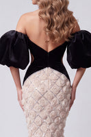 Laden Sie das Bild in den Galerie-Viewer, Schwarzes Meerjungfrau-Sweetheart-Pailletten-Blumenkleid mit langen Ausschnitten und Puffärmeln