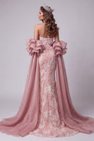Laden Sie das Bild in den Galerie-Viewer, Trägerloses, pinkes Meerjungfrauen-Perlen-Lange-Pageant-Kleid mit Schleppe