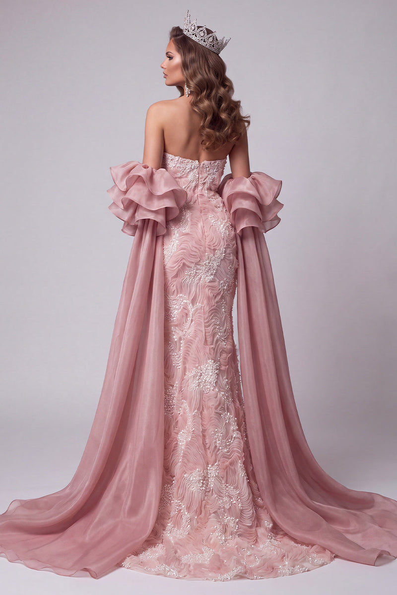 Laden Sie das Bild in den Galerie-Viewer, Trägerloses, pinkes Meerjungfrauen-Perlen-Lange-Pageant-Kleid mit Schleppe