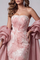 Laden Sie das Bild in den Galerie-Viewer, Trägerloses, pinkes Meerjungfrauen-Perlen-Lange-Pageant-Kleid mit Schleppe