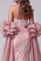 Laden Sie das Bild in den Galerie-Viewer, Trägerloses, pinkes Meerjungfrauen-Perlen-Lange-Pageant-Kleid mit Schleppe