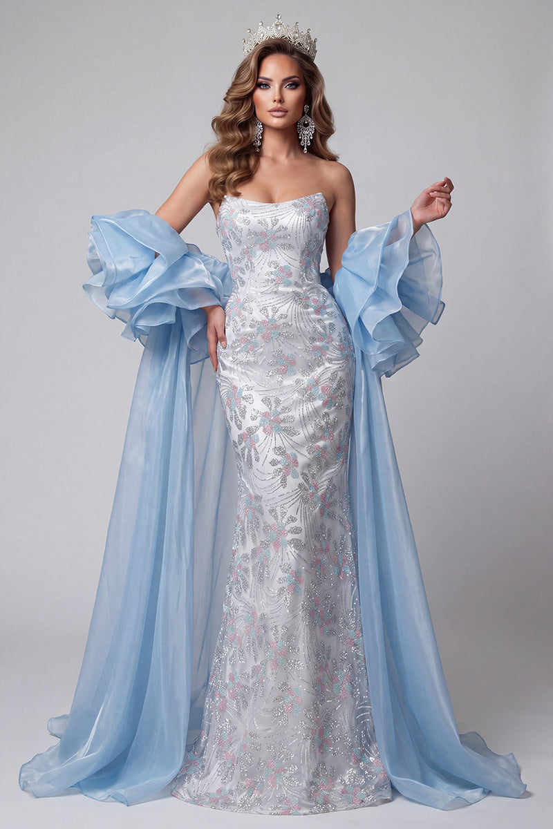 Laden Sie das Bild in den Galerie-Viewer, Hellblaues, trägerloses Meerjungfrauen-Perlen-Lange-Pageant-Kleid mit Rüschenschleppe