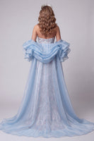Laden Sie das Bild in den Galerie-Viewer, Hellblaues, trägerloses Meerjungfrauen-Perlen-Lange-Pageant-Kleid mit Rüschenschleppe
