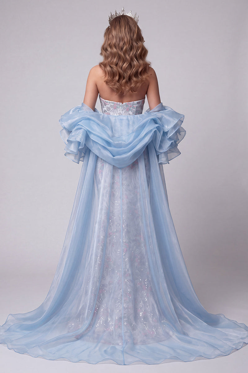 Laden Sie das Bild in den Galerie-Viewer, Hellblaues, trägerloses Meerjungfrauen-Perlen-Lange-Pageant-Kleid mit Rüschenschleppe