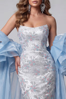 Laden Sie das Bild in den Galerie-Viewer, Hellblaues, trägerloses Meerjungfrauen-Perlen-Lange-Pageant-Kleid mit Rüschenschleppe