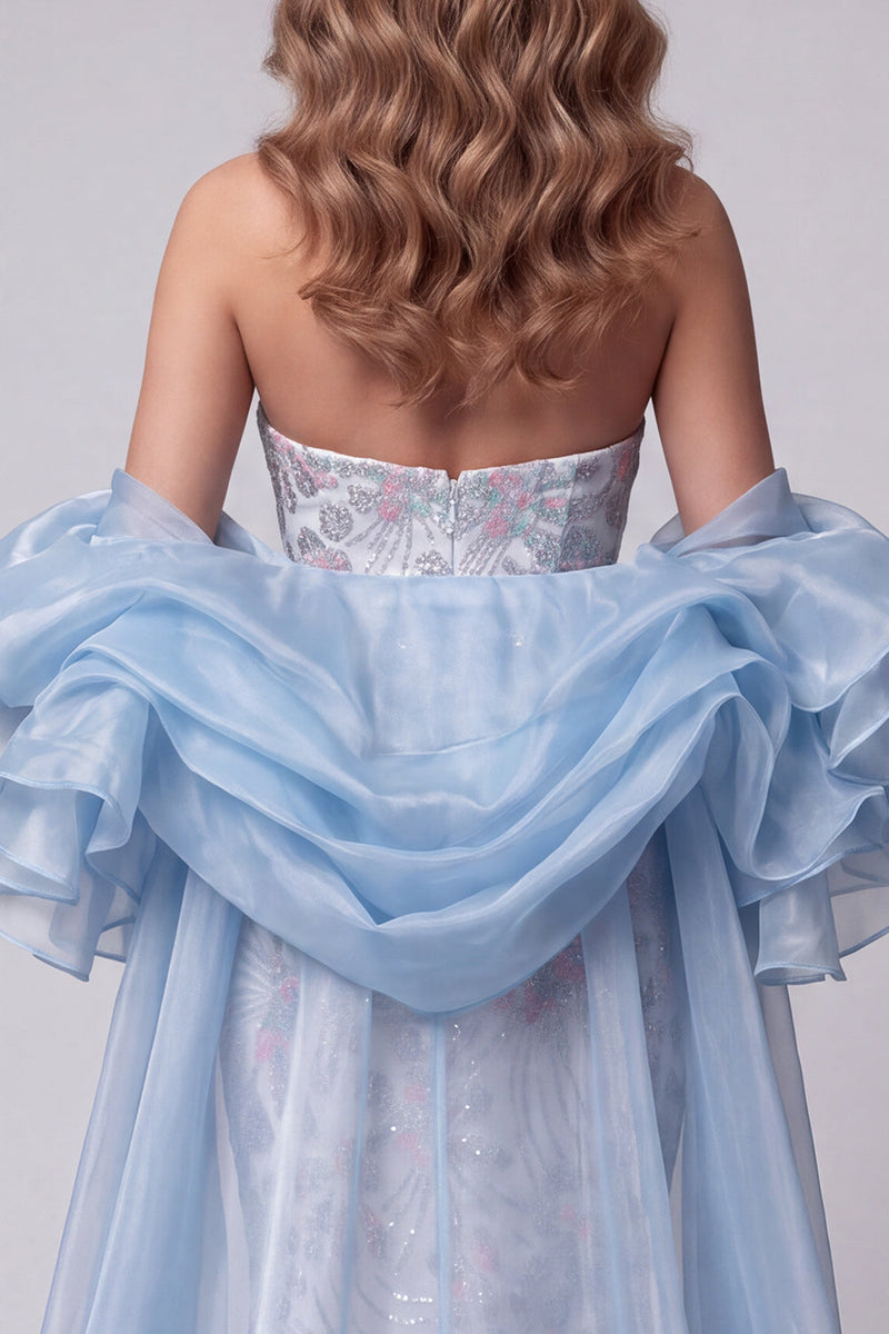 Laden Sie das Bild in den Galerie-Viewer, Hellblaues, trägerloses Meerjungfrauen-Perlen-Lange-Pageant-Kleid mit Rüschenschleppe