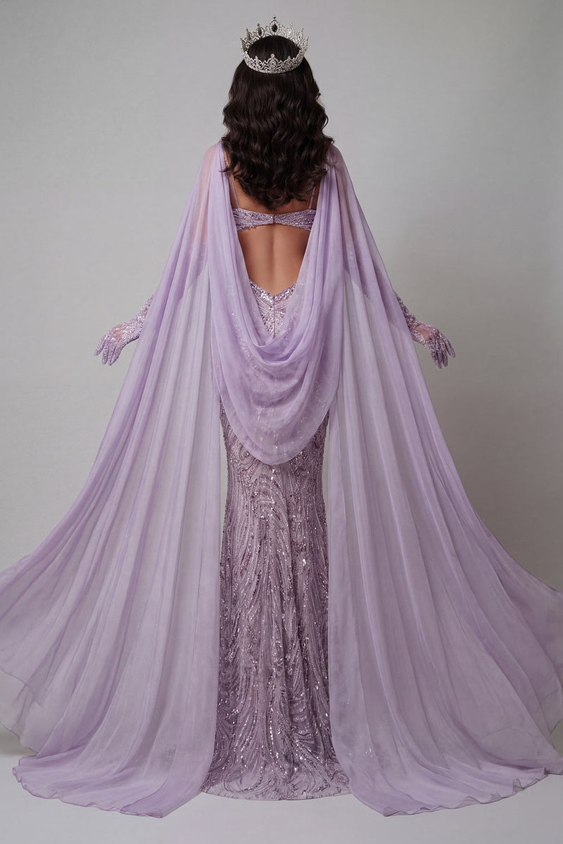 Laden Sie das Bild in den Galerie-Viewer, Fliederfarbene Spaghettiträger, Meerjungfrauen-Pailletten-Ausschnitt, langes Pageant-Kleid