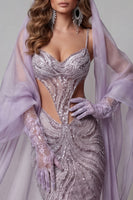 Laden Sie das Bild in den Galerie-Viewer, Fliederfarbene Spaghettiträger, Meerjungfrauen-Pailletten-Ausschnitt, langes Pageant-Kleid