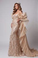 Laden Sie das Bild in den Galerie-Viewer, Champagner-Sweetheart Meerjungfrauen-Pailletten Langes Pageant-Kleid mit Schleppe