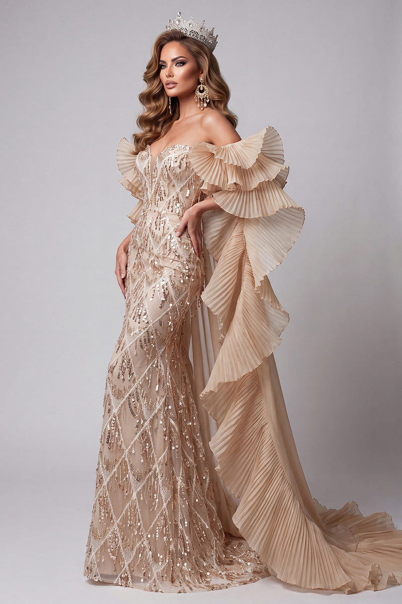 Laden Sie das Bild in den Galerie-Viewer, Champagner-Sweetheart Meerjungfrauen-Pailletten Langes Pageant-Kleid mit Schleppe
