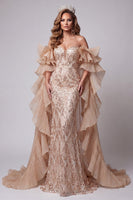 Laden Sie das Bild in den Galerie-Viewer, Champagner-Sweetheart Meerjungfrauen-Pailletten Langes Pageant-Kleid mit Schleppe