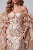 Laden Sie das Bild in den Galerie-Viewer, Champagner-Sweetheart Meerjungfrauen-Pailletten Langes Pageant-Kleid mit Schleppe
