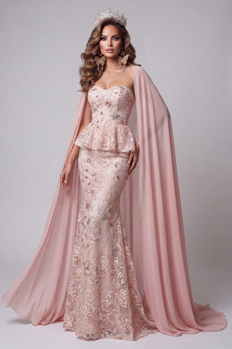 Laden Sie das Bild in den Galerie-Viewer, Sweetheart Blush Meerjungfrauen-Floral-Pailletten-Pailletten-Kleid mit Umhang