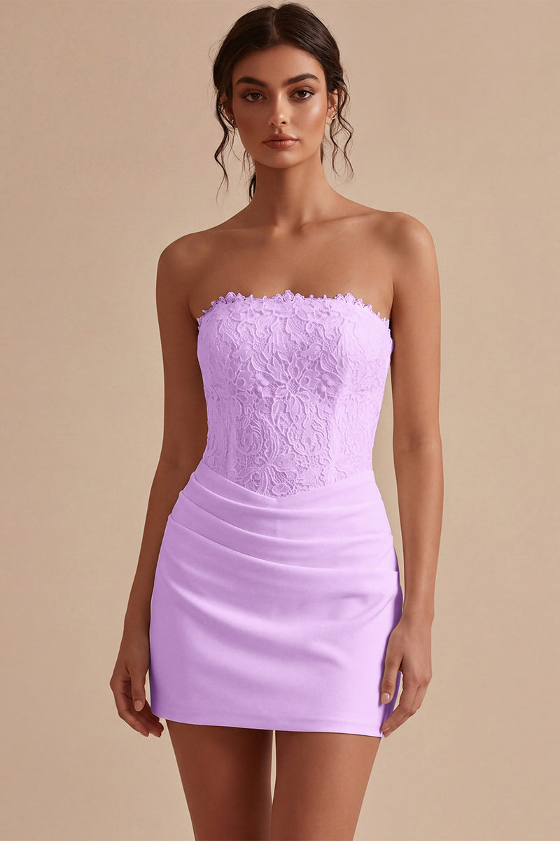 Laden Sie das Bild in den Galerie-Viewer, Trägerloses Weißes Bodycon Mini Standesamt Kleid mit Spitze