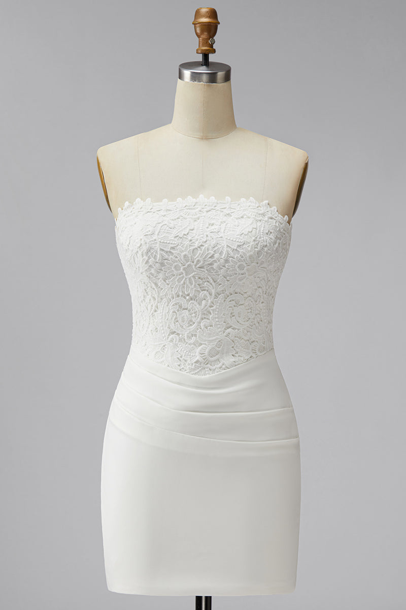 Laden Sie das Bild in den Galerie-Viewer, Trägerloses Weißes Bodycon Mini Standesamt Kleid mit Spitze