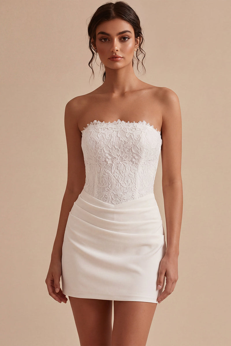 Laden Sie das Bild in den Galerie-Viewer, Trägerloses Weißes Bodycon Mini Standesamt Kleid mit Spitze