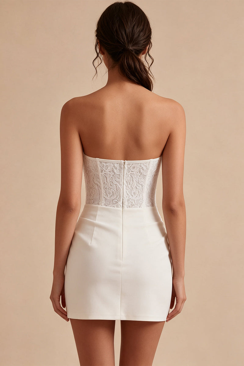 Laden Sie das Bild in den Galerie-Viewer, Trägerloses Weißes Bodycon Mini Standesamt Kleid mit Spitze