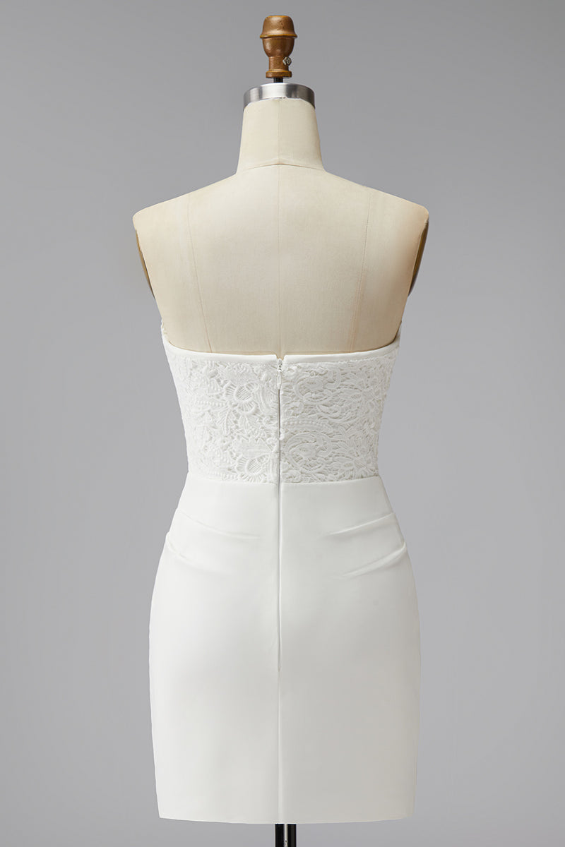 Laden Sie das Bild in den Galerie-Viewer, Trägerloses Weißes Bodycon Mini Standesamt Kleid mit Spitze