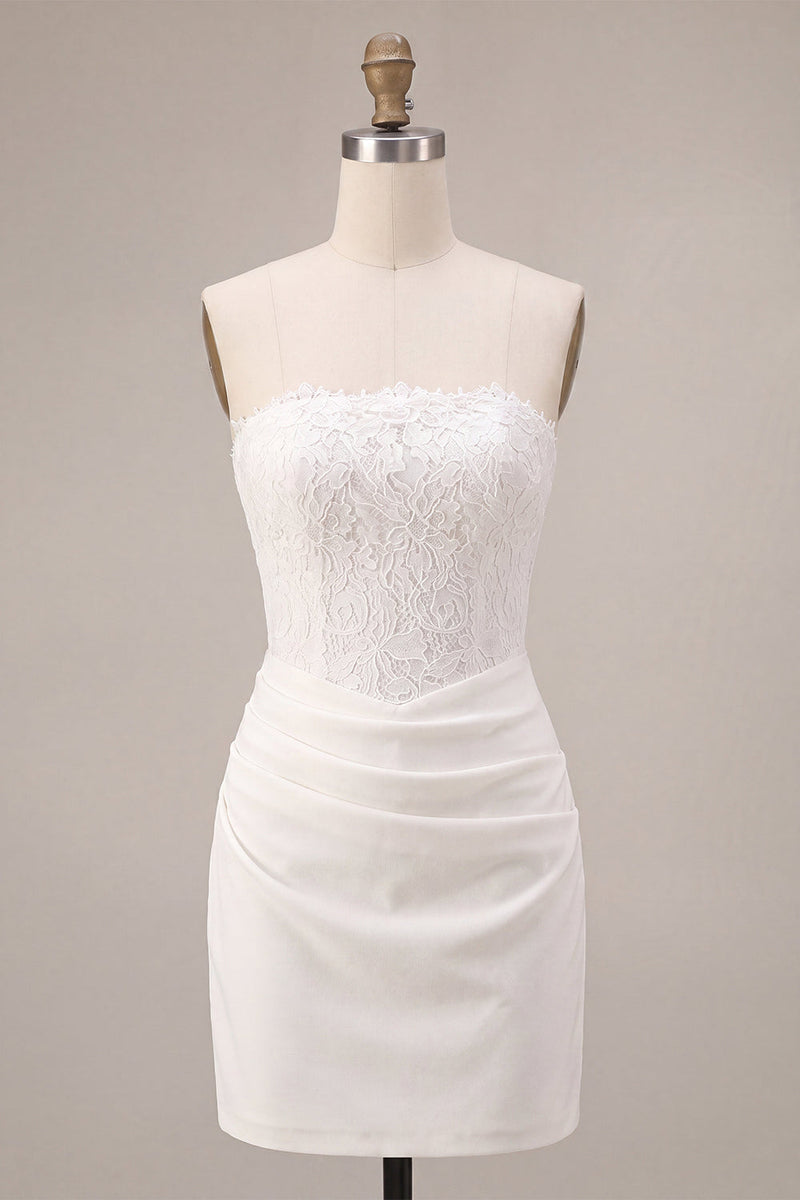 Laden Sie das Bild in den Galerie-Viewer, Trägerloses Weißes Bodycon Mini Standesamt Kleid mit Spitze
