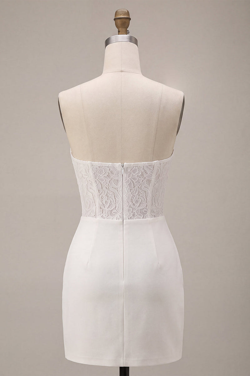 Laden Sie das Bild in den Galerie-Viewer, Trägerloses Weißes Bodycon Mini Standesamt Kleid mit Spitze