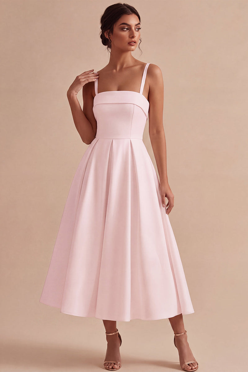 Laden Sie das Bild in den Galerie-Viewer, Weißes A-Linie Spaghettiträger Elegantes Midi Standesamt Kleid