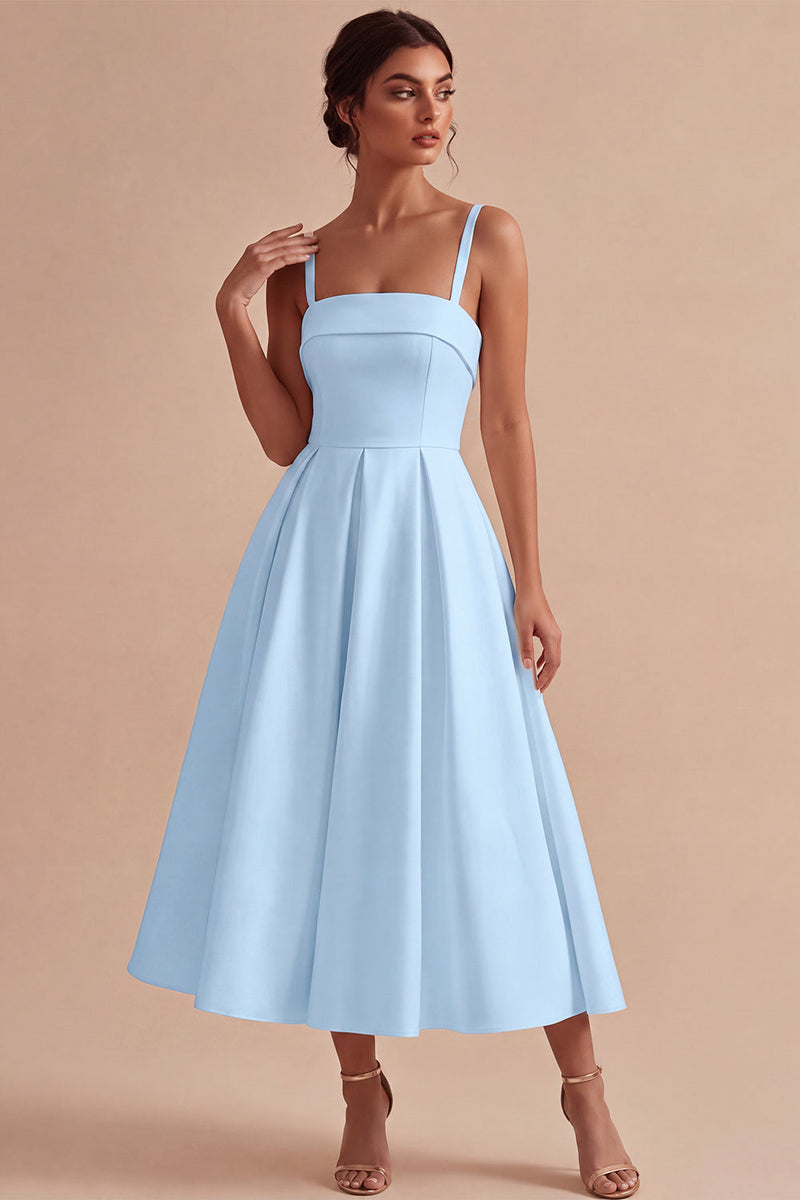 Laden Sie das Bild in den Galerie-Viewer, Weißes A-Linie Spaghettiträger Elegantes Midi Standesamt Kleid